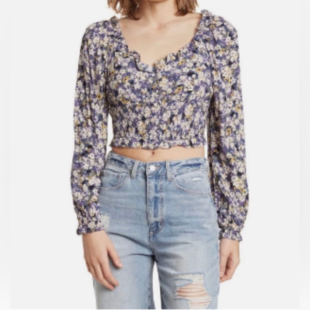Elodie Women's Cropped Navy Floral Smoked Cinched Back Waistband Size: S NWT